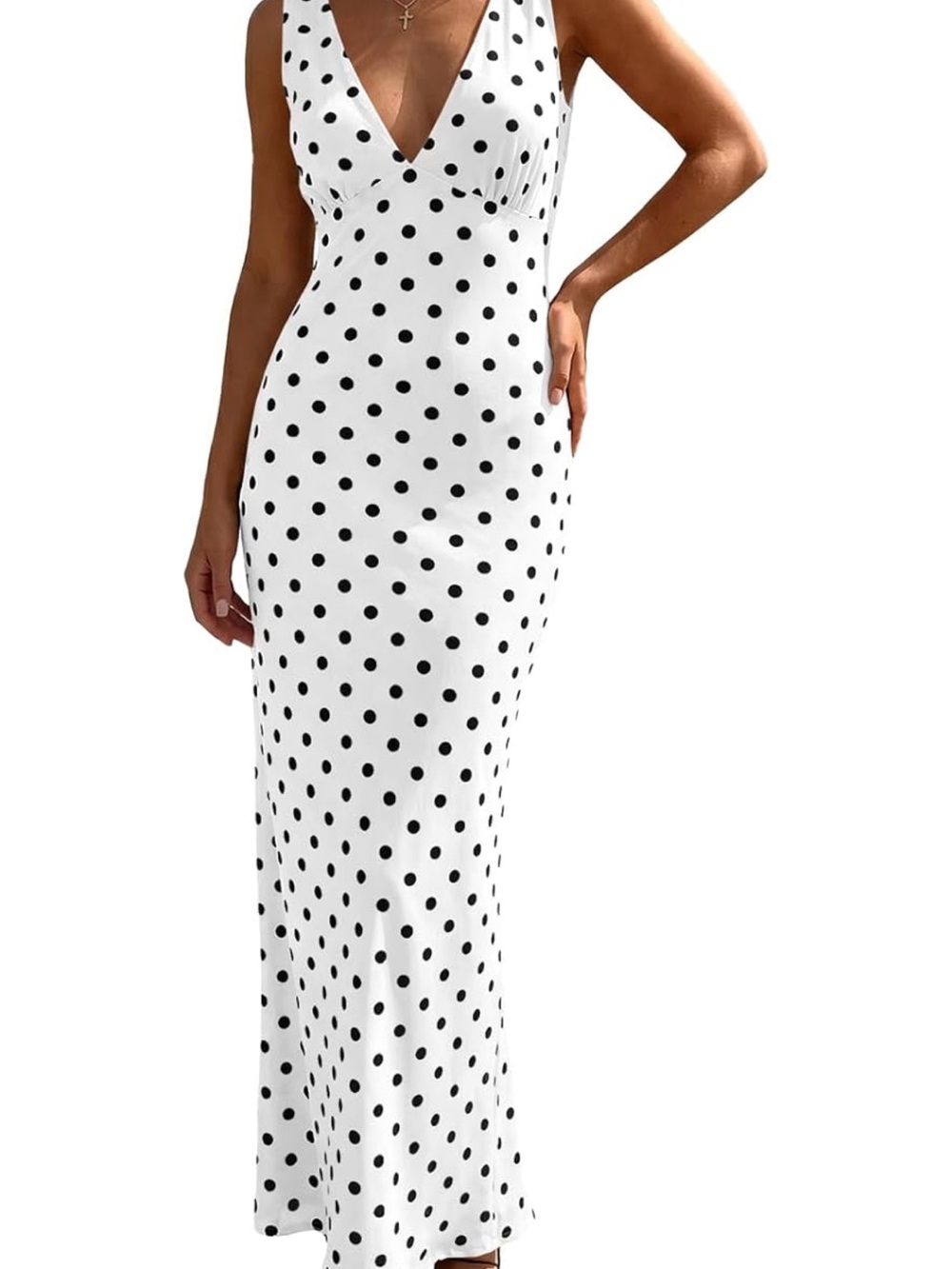 Polka Dot V-Neck White Maxi Dress